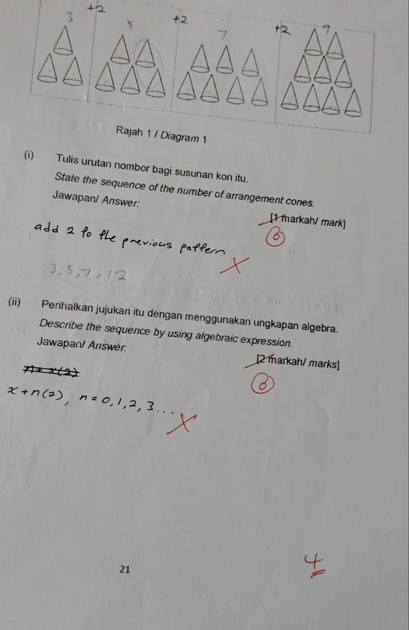 Rajah 1 / Diagram 1 
(i) Tulis urutan nombor bagi susunan kon itu. 
State the sequence of the number of arrangement cones. 
Jawapan/ Answer. 
[1 markah/ mark] 
(ii) Perihalkan jujukan itu dengan menggunakan ungkapan algebra. 
Describe the sequence by using algebraic expression. 
Jawapan/ Answer: [2 markah/ marks]
x+n(2), n=0,1,2,3... 
21