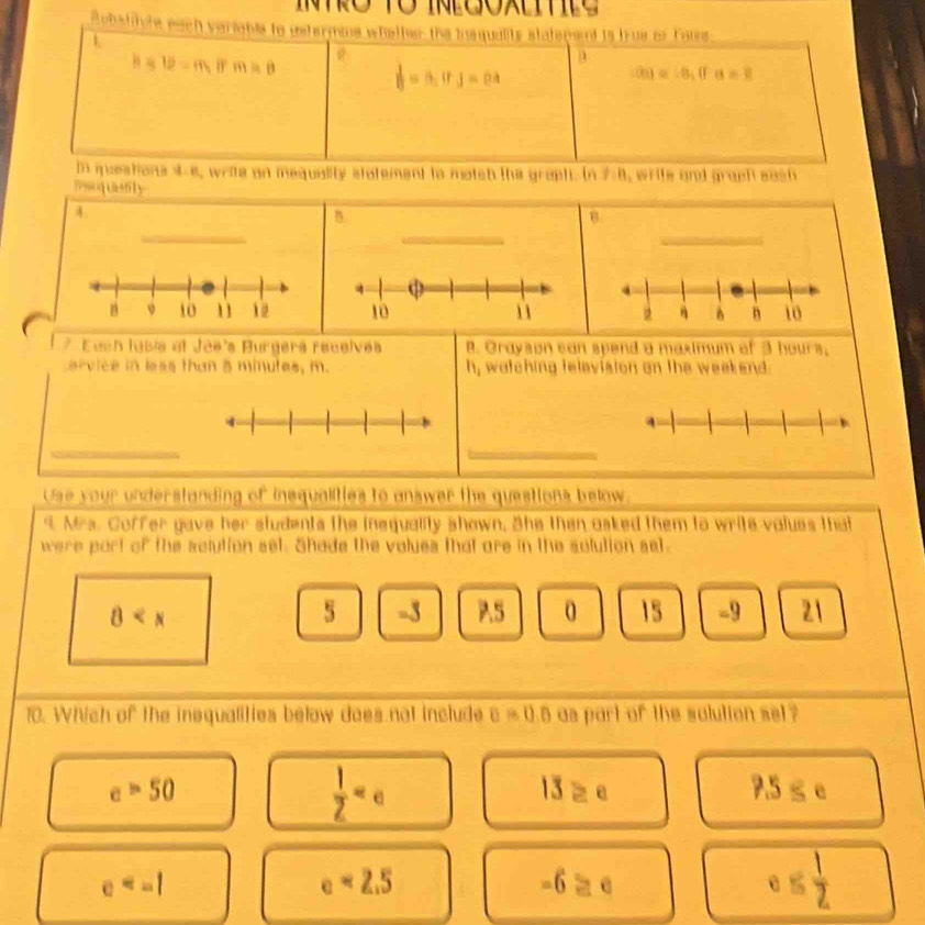 Robstilche each verigbts to ustermns whetter the insquality statepent is true or Faue
1
b=12-m, irm=8
a
 1/8 =a_1(r_1=0.4
∴ OB=-8, 0=8
in questions ie, write an mequality statement to motch the graph. In 7:8, write and grach sach
moquasfily
4
B
B
δ n 10
* Euch lgsis et Jés's Burgers receives B. Grayson can spend a maximum of 3 hours,
ervice in less than 8 minutes, m. h_1 watching television on the weekend.
Use your understanding of insqualities to answer the questions below.
9 Mrs. Coffer gave her students the inequality shown, She then asked them to write values that
were port of the sclution set. Shade the volues that are in the solution set.
5 -3
0 7.5 0 15 -9 21
10. Which of the inequalities below does not include 0=0.5 as part of the solution set ?
c>50
 1/2 
13≥ e
e
e<2.5
-6≥ e
e≤  1/2 