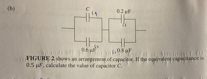 FIGURE 2 shows an arrangement of capacitor. If the equivalent capacitance is
0.5 μF, calculate the value of capacitor C.