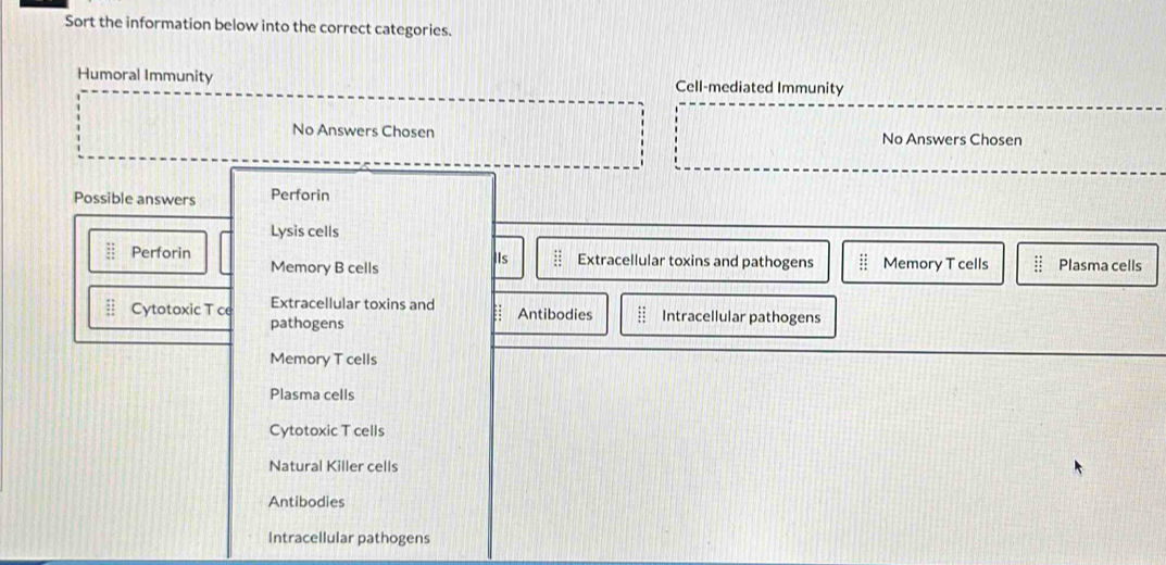 Sort the information below into the correct categories.
Humoral Immunity Cell-mediated Immunity
No Answers Chosen No Answers Chosen
Possible answers Perforin
Lysis cells
Perforin IIs Extracellular toxins and pathogens Memory T cells Plasma cells
Memory B cells
Cytotoxic T ce Extracellular toxins and Antibodies Intracellular pathogens
pathogens
Memory T cells
Plasma cells
Cytotoxic T cells
Natural Killer cells
Antibodies
Intracellular pathogens