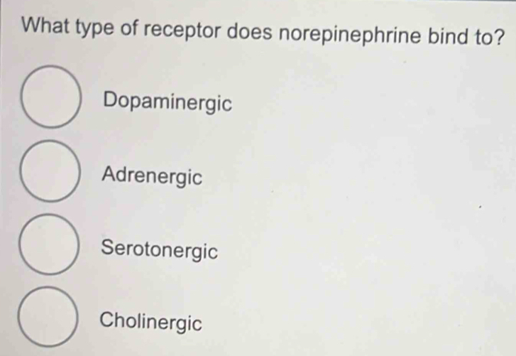 What type of receptor does norepinephrine bind to?
Dopaminergic
Adrenergic
Serotonergic
Cholinergic