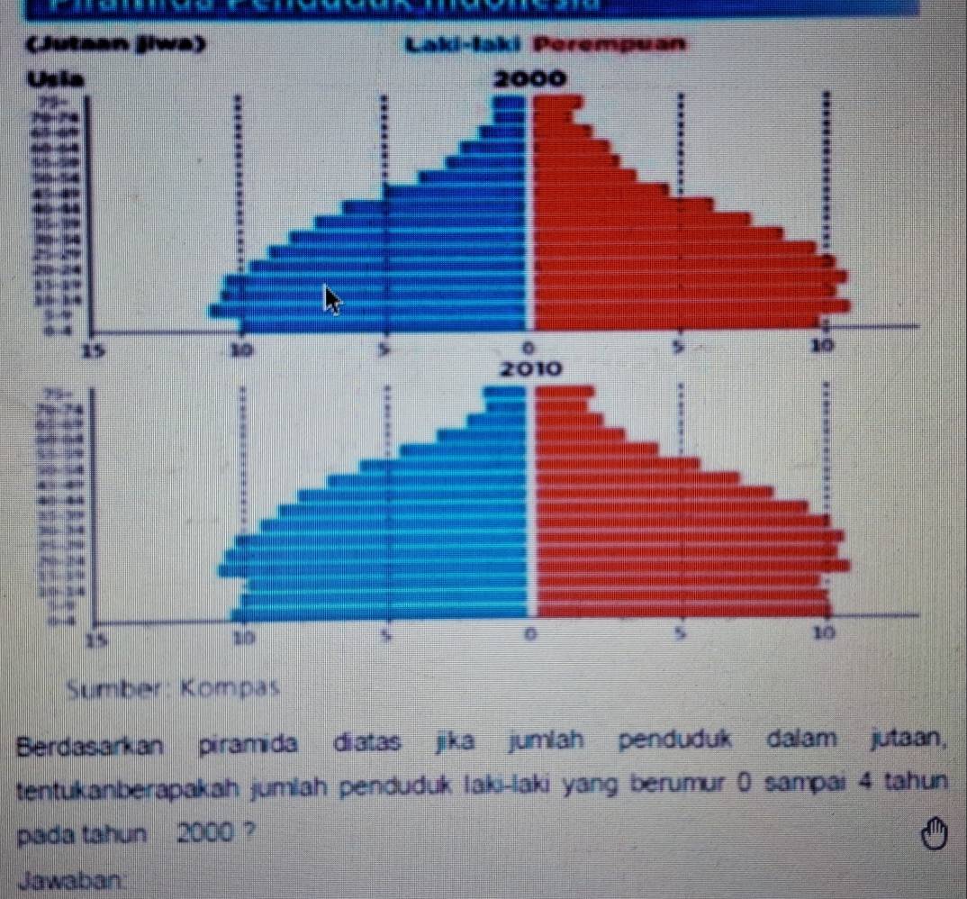 Sumber: Kompas 
Berdasarkan piramida diatas jika jumlah penduduk dalam jutaan, 
tentukanberapakah jumlah penduduk laki-laki yang berumur 0 sampai 4 tahun 
pada tahun 2000 ? 
Jawaban: