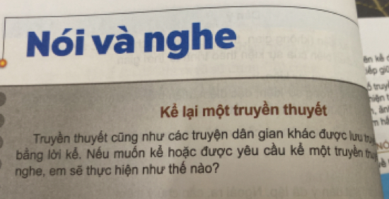 Nói vànghe 
ēn kè r 
jiệp giū
5 truy 
Kể lại một truyền thuyết niện 
h. àn 
Truyền thuyết cũng như các truyện dân gian khác được lưu trự m há 
bằng lời kẻ. Nếu muốn kể hoặc được yêu cầu kể một truyền tr 
nghe, em sẽ thực hiện như thế nào?