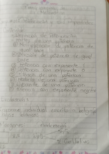 Theny ieg guing descee 
Malematice 
by aolt bdencecind y sut hrpetades 
Costenida 
Defnicoh depoterciacion 
-tales do ona polencia 
④ Nolliphcacion do potencia de 
iquall base 
④Blvision de potencia de igual 
base 
③ Potencia con exponente 1 
③Sotencia con exponente o 
③ Potencia de una potencia 
⑥ Foduco de and potencia 
Qosciente de und potencia 
②Polencia con exporente neaching 
Evaluacion s 
ome individual eacrito a boligrae 
ngas blancas 
Margenes: onderacion 
3 rBpts 
2. 5 10p
2 Qualitalives 
2