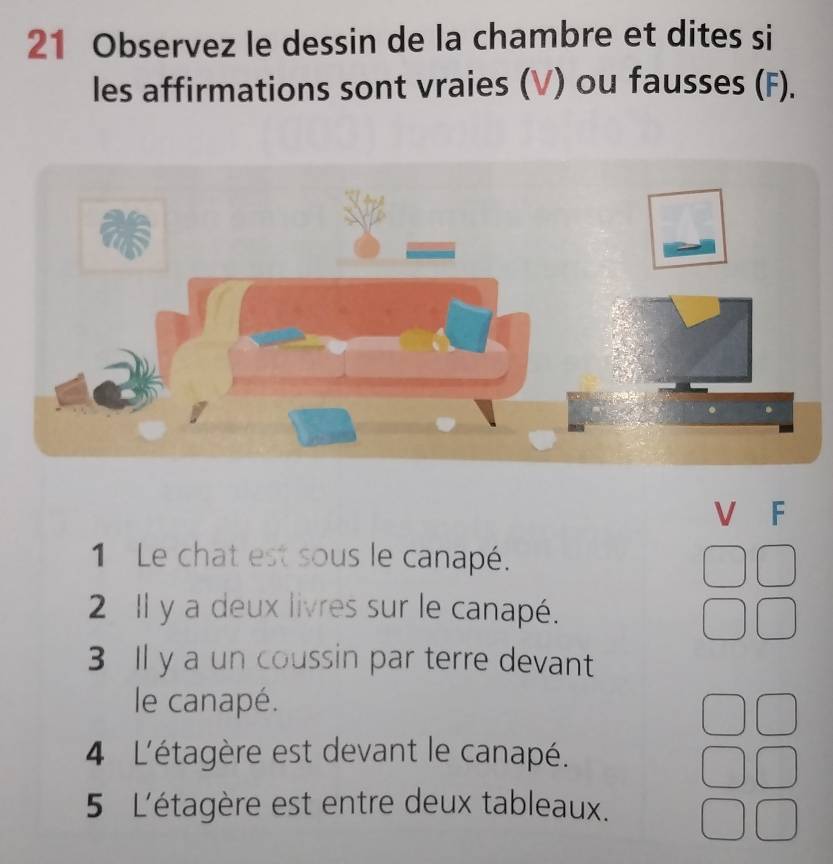 Observez le dessin de la chambre et dites si 
les affirmations sont vraies (V) ou fausses (F). 
V F 
1 Le chat est sous le canapé. 
2 II y a deux livres sur le canapé. 
3 Il y a un coussin par terre devant 
le canapé. 
4 L'étagère est devant le canapé. 
5 L'étagère est entre deux tableaux.