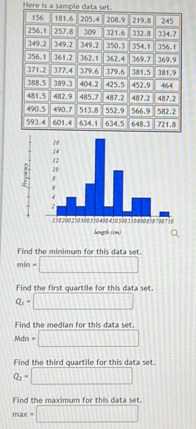 Here is a sample data set. 
length (cm) 
Find the minimum for this data set.
min=□
Find the first quartile for this data set.
Q_1=□
Find the median for this data set.
Mdn=□
Find the third quartile for this data set.
Q_3=□
Find the maximum for this data set.
max=□