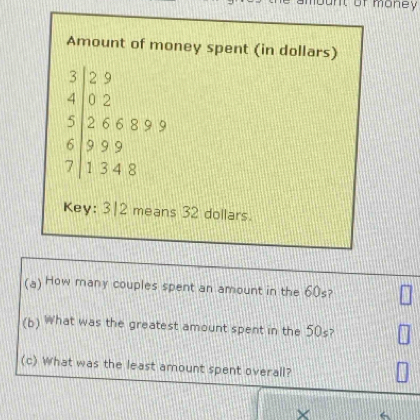 bunt of money 
Amount of money spent (in dollars)
beginarrayr 3 40 4 02 266899 6 1348endarray
Key: 3|2 means 32 dollars. 
(a) How many couples spent an amount in the 60s? 
(b) What was the greatest amount spent in the 50s 2 
(c) What was the least amount spent overall?