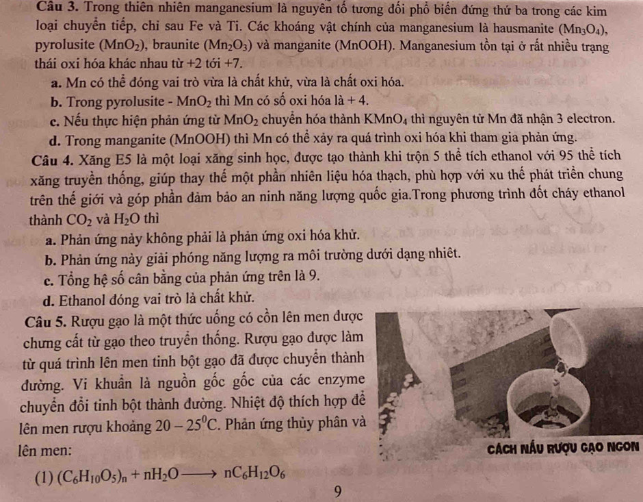 Trong thiên nhiên manganesium là nguyên tố tương đối phổ biến đứng thứ ba trong các kim
loại chuyển tiếp, chỉ sau Fe và Ti. Các khoáng vật chính của manganesium là hausmanite (Mn_3O_4),
pyrolusite (MnO_2) , braunite (Mn_2O_3) và manganite (MnOOH). Manganesium tồn tại ở rất nhiều trạng
thái oxi hóa khác nhau tir+2toi+7. 
a. Mn có thể đóng vai trò vừa là chất khử, vừa là chất oxi hóa.
b. Trong pyrolusite MnO_2 thì Mn có số oxi hóa la+4.
c. Nếu thực hiện phản ứng từ MnO_2 chuyển hóa thành KMnO4 thì nguyên tử Mn đã nhận 3 electron.
d. Trong manganite (MnOOH) thì Mn có thể xảy ra quá trình oxi hóa khi tham gia phản ứng.
Câu 4. Xăng E5 là một loại xăng sinh học, được tạo thành khi trộn 5 thể tích ethanol với 95 thể tích
xăng truyền thống, giúp thay thế một phần nhiên liệu hóa thạch, phù hợp với xu thế phát triền chung
trên thế giới và góp phần đảm bảo an ninh năng lượng quốc gia.Trong phương trình đốt cháy ethanol
thành CO_2 và H_2O thì
a. Phản ứng này không phải là phản ứng oxi hóa khử.
b. Phản ứng này giải phóng năng lượng ra môi trường dưới dạng nhiêt.
c. Tổng hệ số cân bằng của phản ứng trên là 9.
d. Ethanol đóng vai trò là chất khử.
Câu 5. Rượu gạo là một thức uống có cồn lên men được
chưng cất từ gạo theo truyền thống. Rượu gạo được làm
từ quá trình lên men tinh bột gạo đã được chuyển thành
đường. Vi khuần là nguồn gốc gốc của các enzym
chuyển đổi tinh bột thành đường. Nhiệt độ thích hợp đ
ên men rượu khoảng 20-25°C. Phản ứng thủy phân v
lên men:  Cách Nấu Rượu gạo Ngon
(1) (C_6H_10O_5)_n+nH_2Oto nC_6H_12O_6
9