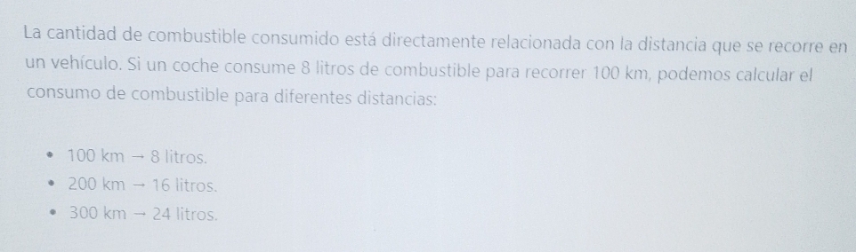 La cantidad de combustible consumido está directamente relacionada con la distancia que se recorre en
un vehículo. Si un coche consume 8 litros de combustible para recorrer 100 km, podemos calcular el
consumo de combustible para diferentes distancias:
a 00kmto 8 litros.
00kmto 16 litros
3 ()() km → 24 litros.