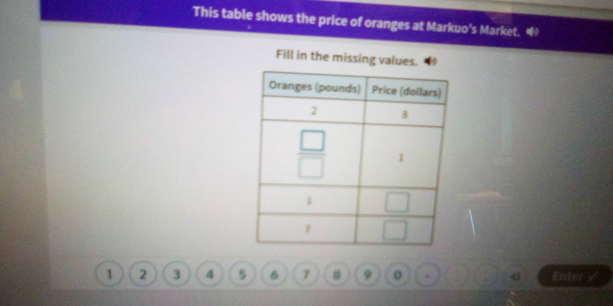 This table shows the price of oranges at Markuo's Market.
Fill in the missing values.
1 2 3 4 5 6 7 9 Enter √