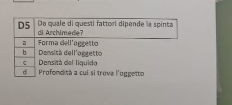 D5 Da quale di questi fattori dipende la spinta
di Archimede?
a Forma dell’oggetto
b Densità dell'oggetto
C Densità del liquido
d Profondità a cuì si trova l'oggetto