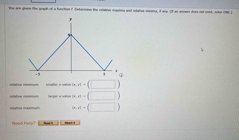 You are given the graph of a function f. Determine the relative maxima and relative minima, if any. (If an answer does not exist, enter DNE.)
relative minimum smaller x -value (x,y)=(□ )
relative minimum larger x -value (x,y)=(□ )
relative maximum (x,y)=(□ )
Need Help? Read it Watch It