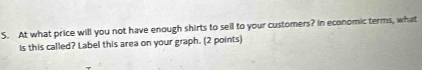 At what price will you not have enough shirts to sell to your customers? In economic terms, what 
is this called? Label this area on your graph. (2 points)