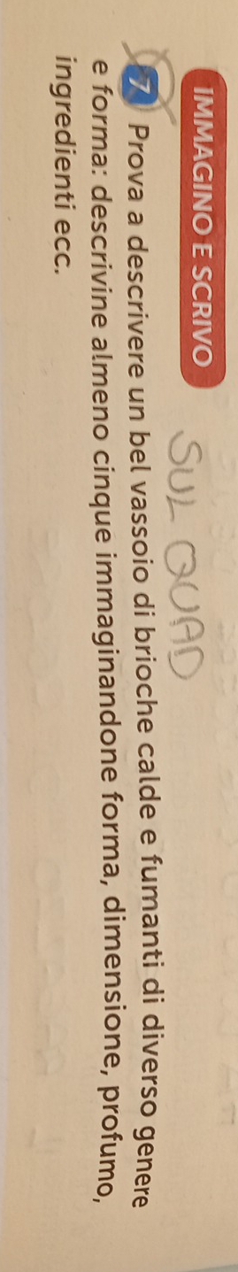 IMMAGINO E SCRIVO 
7 Prova a descrivere un bel vassoio di brioche calde e fumanti di diverso genere 
e forma: descrivine almeno cinque immaginandone forma, dimensione, profumo, 
ingredienti ecc.