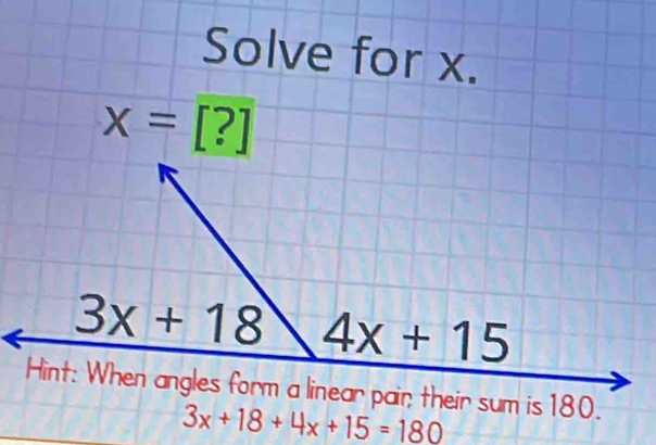 Solve for x.
x=[?]
3x+18+4x+15=180