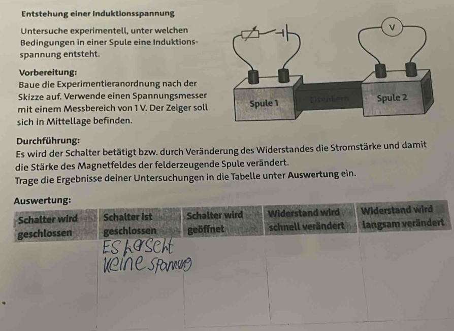 Entstehung einer Induktionsspannung 
Untersuche experimentell, unter welchen 
Bedingungen in einer Spule eine Induktions- 
spannung entsteht. 
Vorbereitung: 
Baue die Experimentieranordnung nach der 
Skizze auf. Verwende einen Spannungsmesser 
mit einem Messbereich von 1 V. Der Zeiger soll 
sich in Mittellage befinden. 
Durchführung: 
Es wird der Schalter betätigt bzw. durch Veränderung des Widerstandes die Stromstärke und damit 
die Stärke des Magnetfeldes der felderzeugende Spule verändert. 
Trage die Ergebnisse deiner Untersuchungen in die Tabelle unter Auswertung ein.