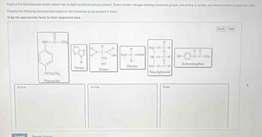 Each of the biomolecules shown below has multiple functional groups present. Some contain nitrogen-bearing functional groups, and amine or amide, and others contain at least one eee 
Classify the following biomolecules based on the functional group present in them. 
Drag the appropriate items to their respective bins. 
Aeset 
o Help 
NH C CH_3
H
H o
H_2C-O-C-R
N 
C
a H o
H OH H_2N=COOH 110-0-C-R HO N-C-at_3
CH_2
H 
o 
H OH 
Glycine H_2C-O-C-H Acetaminophen 
Purine Serine
OCH_2CH_3
Triacylglycerol 
Phenacitin 
Amine Amide Estar 
Suterd