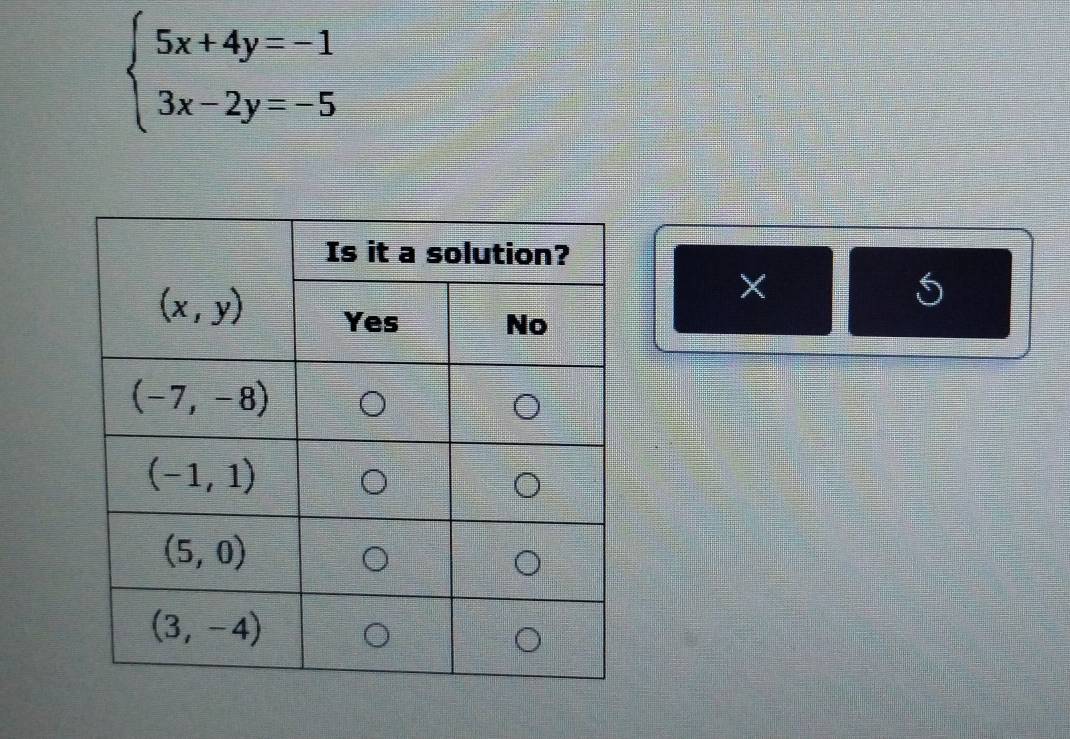 beginarrayl 5x+4y=-1 3x-2y=-5endarray.
×