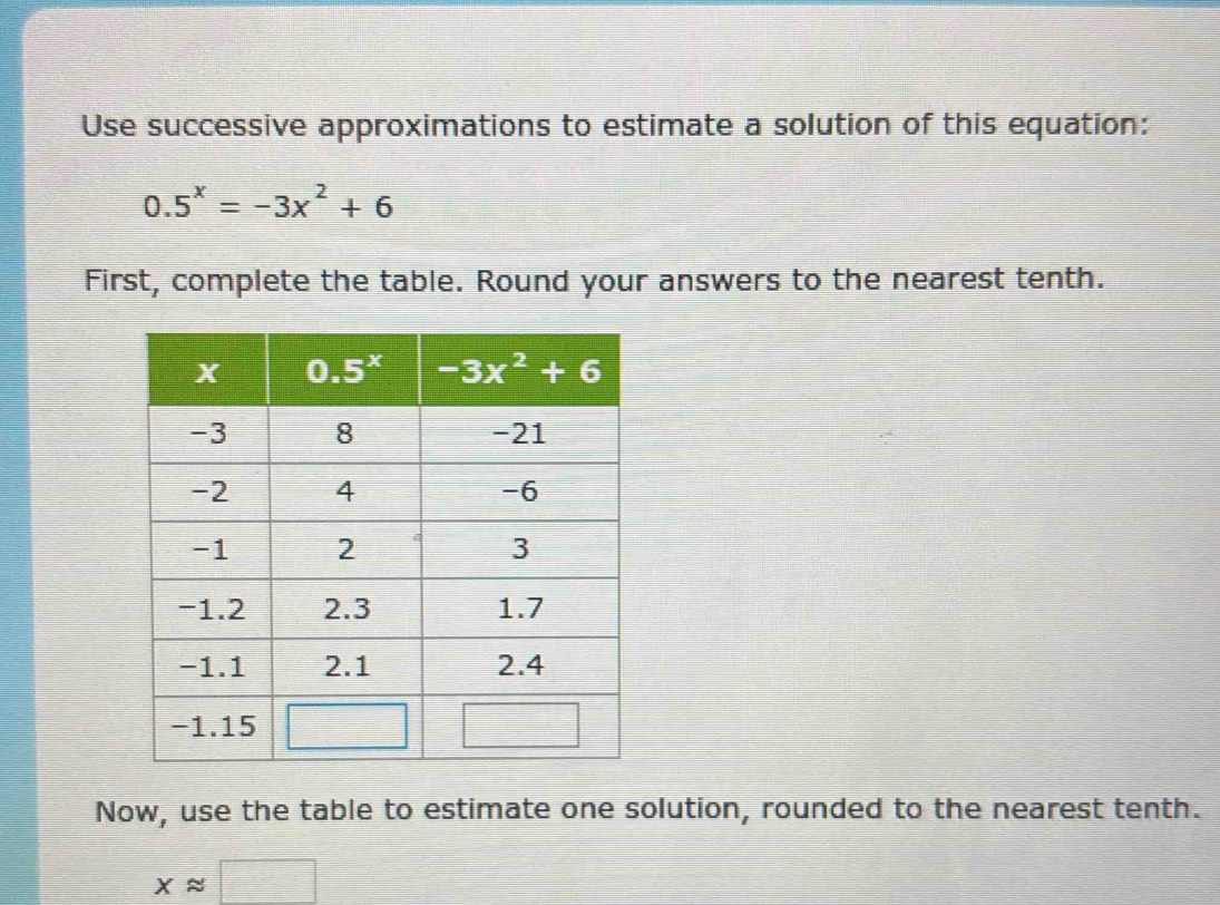 Use successive approximations to estimate a solution of this equation:
0.5^x=-3x^2+6
First, complete the table. Round your answers to the nearest tenth.
Now, use the table to estimate one solution, rounded to the nearest tenth.
xapprox □