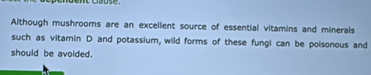 uent clause. 
Although mushrooms are an excellent source of essential vitamins and minerals 
such as vitamin D and potassium, wild forms of these fungi can be poisonous and 
should be avoided.