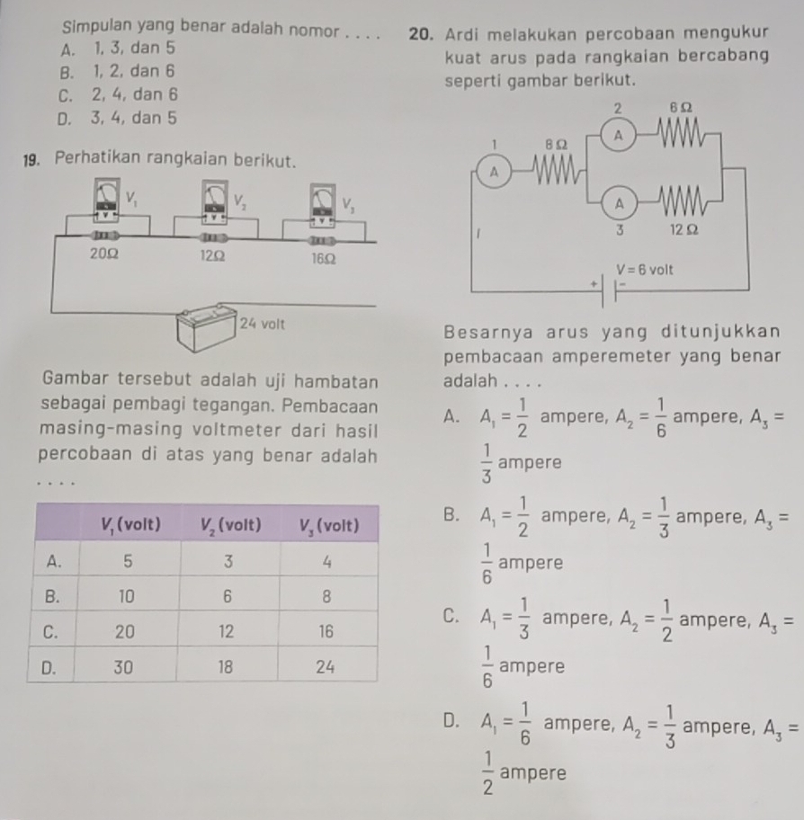 Simpulan yang benar adalah nomor . . . . 20. Ardi melakukan percobaan mengukur
A. 1, 3, dan 5
kuat arus pada rangkaian bercabang
B. 1, 2, dan 6
C. 2, 4, dan 6 seperti gambar berikut.
D. 3, 4, dan 5
19. Perhatikan rangkaian berikut.
Besarnya arus yang ditunjukkan
pembacaan amperemeter yang benar
Gambar tersebut adalah uji hambatan adalah . . . .
sebagai pembagi tegangan. Pembacaan A. A_1= 1/2  ampere, A_2= 1/6  ampere, A_3=
masing-masing voltmeter dari hasil
 1/3 
percobaan di atas yang benar adalah ampere
B. A_1= 1/2  ampere, A_2= 1/3  ampere, A_3=
 1/6 
ampere
C. A_1= 1/3  ampere, A_2= 1/2  ampere, A_3=
 1/6 
ampere
D. A_1= 1/6  ampere, A_2= 1/3  ampere, A_3=
 1/2  ampere