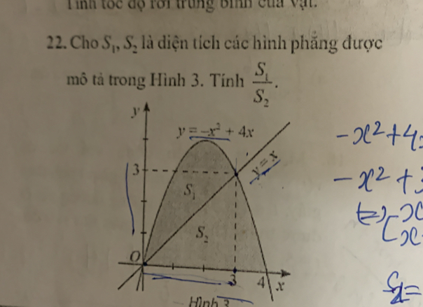 Tiính tốc độ rời trung bình của vật
22. Cho S_1,S_2 là diện tích các hình phẳng được
mô tả trong Hình 3. Tính frac S_1S_2.
Hln boverline 3