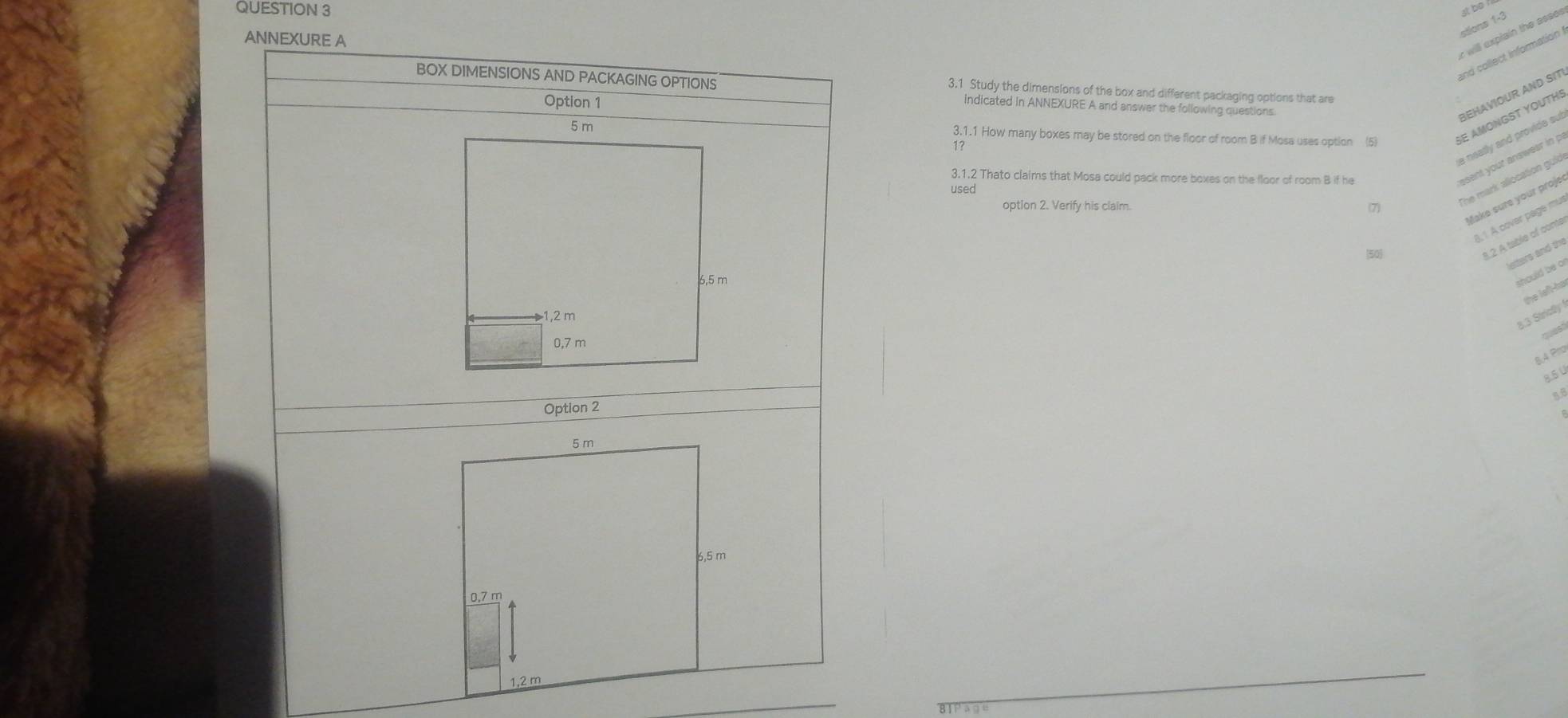 at be !
stions 1-3
: will explain the asses
and collect information
3.1 Study the dimensions of the box and different packaging options that are
BEHAVIOUR AND S1
indicated in ANNEXURE A and answer the following questions
3.1.1 How many boxes may be stored on the floor of room B if Mosa uses option (5) SE AMONGST YOUTHS
a neatly and provide su
12
3.1.2 Thato claims that Mosa could pack more boxes on the floor of room B if he
ssent your answear in p
The mark allocation guk
used
Make sure your proje
option 2. Verify his claim.
7
1, 1 À cover page mu
50
12 A table of conte
etters and the
hould be o
the left-ha
B. 3 Stricy 
quest
8. 4 Pro
8.5 U
_
_
BiPage