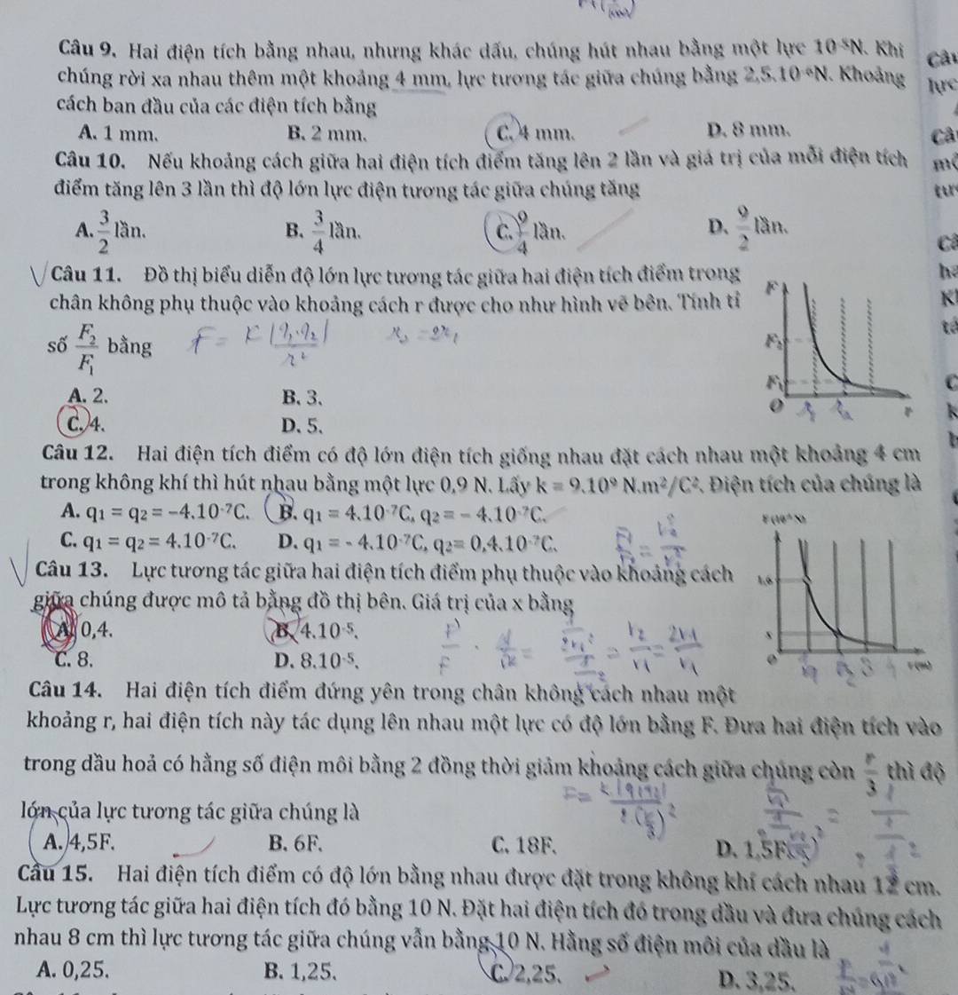 Hai điện tích bằng nhau, nhưng khác dấu, chúng hút nhau bằng một lực 10^SN Khi Câi
chúng rời xa nhau thêm một khoảng 4 mm, lực tương tác giữa chúng bằng 2,5.10°N. Khoảng lực
cách ban đầu của các điện tích bằng
A. 1 mm. B. 2 mm. C. 4 mm. D. 8 mm.
Câ
Câu 10. Nếu khoảng cách giữa hai điện tích điểm tăng lên 2 lần và giá trị của mỗi điện tích mộ
điểm tăng lên 3 lần thì độ lớn lực điện tương tác giữa chúng tăng t
A  3/2 lan.
B.  3/4 lan.  9/4 l än.
C.
D.  9/2 lan.
Cô
Câu 11. Đồ thị biểu diễn độ lớn lực tương tác giữa hai điện tích điểm trong
hé
chân không phụ thuộc vào khoảng cách r được cho như hình vẽ bên. Tính tỉ
K
tổ
số frac F_2F_1 bằng
C
A. 2. B. 3.
k
C.4. D. 5.
Câu 12. Hai điện tích điểm có độ lớn điện tích giống nhau đặt cách nhau một khoảng 4 cm b
trong không khí thì hút nhau bằng một lực 0,9 N. Lấy k=9.10^9N.m^2/C^2 3. Điện tích của chúng là
A. q_1=q_2=-4.10^(-7)C. B. q_1=4.10^(-7)C,q_2=-4.10^(-7)C.
C. q_1=q_2=4.10^(-7)C. D. q_1=-4.10^(-7)C,q_2=0,4.10^(-7)C.
Câu 13. Lực tương tác giữa hai điện tích điểm phụ thuộc vào khoảng cách
giữa chúng được mô tả bằng đồ thị bên. Giá trị của x bằng
A, 0,4. B 4.10^(-5).
C. 8. D. 8.10^(-5).
Câu 14. Hai điện tích điểm đứng yên trong chân không cách nhau một
khoảng r, hai điện tích này tác dụng lên nhau một lực có độ lớn bằng F. Đưa hai điện tích vào
trong đầu hoả có hằng số điện môi bằng 2 đồng thời giảm khoảng cách giữa chúng còn  r/3  thì độ
lớn của lực tương tác giữa chúng là
A.4,5F. B. 6F. C. 18F. D. 153
Cầu 15. Hai điện tích điểm có độ lớn bằng nhau được đặt trong không khí cách nhau 12 cm.
Lực tương tác giữa hai điện tích đó bằng 10 N. Đặt hai điện tích đó trong đầu và đưa chúng cách
nhau 8 cm thì lực tương tác giữa chúng vẫn bằng 10 N. Hằng số điện môi của đầu là
A. 0,25. B. 1,25. C2,25. D. 3,25.