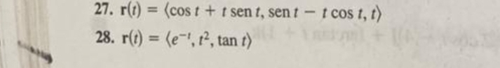 r(t)= , sen t-tcos t, t>
28. r(t)= , t^2, tan t>