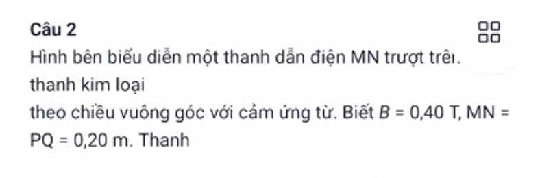 Hình bên biểu diễn một thanh dẫn điện MN trượt trêi. 
thanh kim loại 
theo chiều vuông góc với cảm ứng từ. Biết B=0,40T, MN=
PQ=0,20m. Thanh