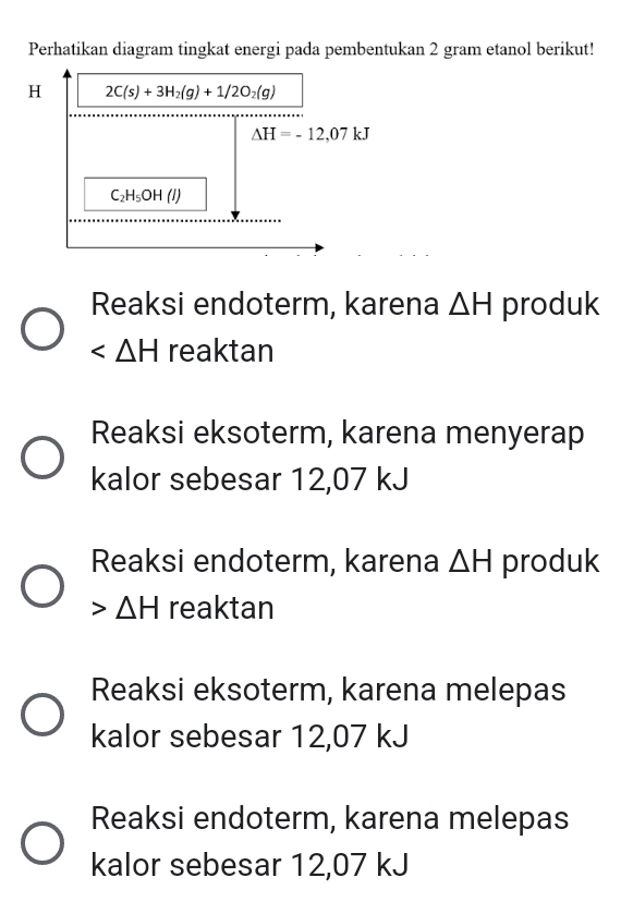 Perhatikan diagram tingkat energi pada pembentukan 2 gram etanol berikut!
H 2C(s)+3H_2(g)+1/2O_2(g)
Delta H=-12,07kJ
C_2H_5OH(l)
Reaksi endoterm, karena △ H produk
∠ △ H reaktan
Reaksi eksoterm, karena menyerap
kalor sebesar 12,07 kJ
Reaksi endoterm, karena △ H produk
△ H reaktan
Reaksi eksoterm, karena melepas
kalor sebesar 12,07 kJ
Reaksi endoterm, karena melepas
kalor sebesar 12,07 kJ