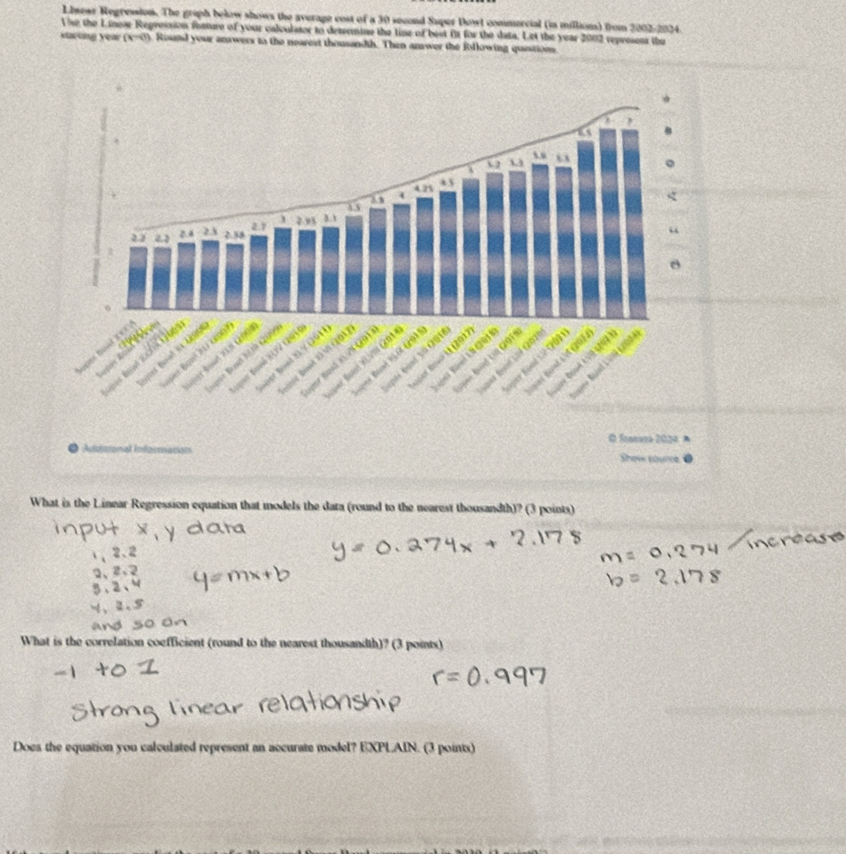 Lisear Regression. The gruph below shows the average cost of a 30 second Saper Dowl commercial (in millions) from 2002-2024. 
U se the Linea Repression feature of your calculator to determine the line of best ft for the data. Let the year 2002 represent thr 
starting year (x-3). Roued your answers to the nearest thousandth. Then answer the folkowing questions. 
O Seaevra 2034 A 
Addmonal Informacón show source 
What is the Linear Regression equation that models the data (round to the nearest thousandth)? (3 points) 
What is the correlation coefficient (round to the nearest thousandth)? (3 points) 
Does the equation you calculated represent an accurate model? EXPLAIN. (3 points)