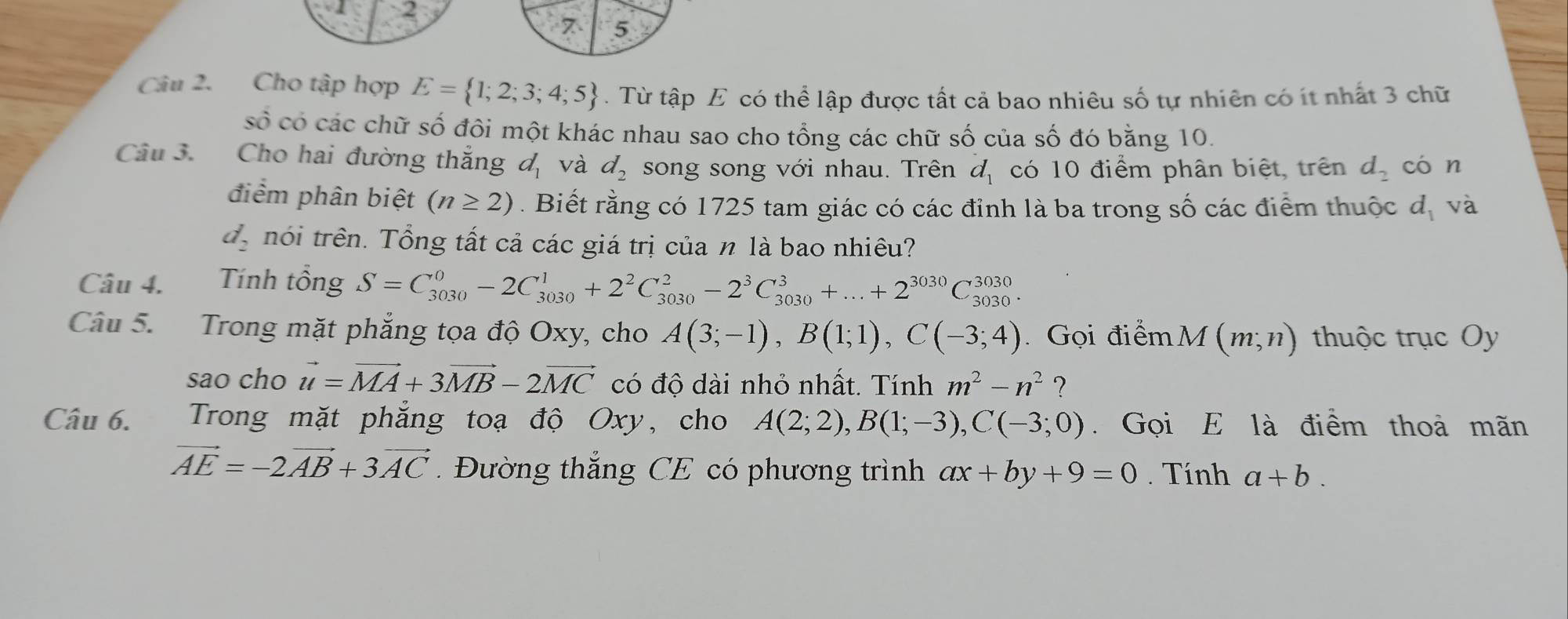 2 
7 5 
Câu 2. Cho tập hợp E= 1;2;3;4;5. Từ tập E có thể lập được tất cả bao nhiêu số tự nhiên có ít nhất 3 chữ 
số có các chữ số đôi một khác nhau sao cho tổng các chữ số của số đó bằng 10. 
Câu 3. Cho hai đường thắng d_1 và d_2 song song với nhau. Trên d_1 có 10 điểm phân biệt, trên d_2 cón 
điểm phân biệt (n≥ 2). Biết rằng có 1725 tam giác có các đỉnh là ba trong số các điểm thuộc d_1 và
d_2 nói trên. Tổng tất cả các giá trị của n là bao nhiêu? 
Câu 4. Tính tồng S=C_(3030)^0-2C_(3030)^1+2^2C_(3030)^2-2^3C_(3030)^3+...+2^(3030)C_(3030)^(3030). 
Câu 5. Trong mặt phẳng tọa độ Oxy, cho A(3;-1), B(1;1), C(-3;4) Gọi điểm M(m;n) thuộc trục Oy 
sao cho vector u=vector MA+3vector MB-2vector MC có độ dài nhỏ nhất. Tính m^2-n^2 ? 
Câu 6. Trong mặt phẳng toạ độ Oxy, cho A(2;2), B(1;-3), C(-3;0). Gọi E là điểm thoả mãn
vector AE=-2vector AB+3vector AC Đường thắng CE có phương trình ax+by+9=0. Tính a+b.