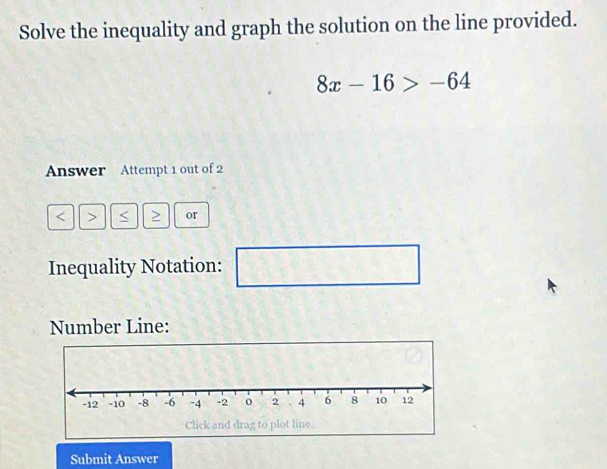 Solve the inequality and graph the solution on the line provided.
8x-16>-64
Answer Attempt 1 out of 2 
< > < ≥ or 
Inequality Notation: y=-b-6x □ 
Number Line: 
Submit Answer