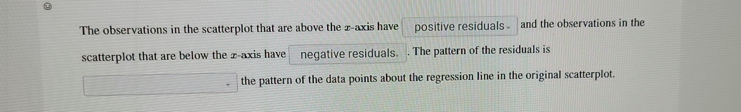 The observations in the scatterplot that are above the x-axis have positive residuals and the observations in the 
scatterplot that are below the x-axis have negative residuals . The pattern of the residuals is 
the pattern of the data points about the regression line in the original scatterplot.