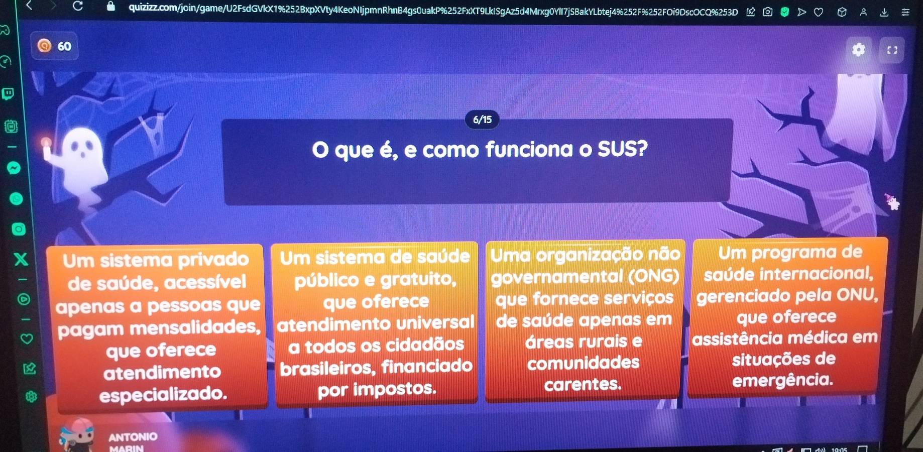 60
6/15
que é, e como funciona o SUS?
Um sistema privado Um sistema de saúde Uma organização não Um programa de
de saúde, acessível público e gratuito, governamental (ONG) saúde internacional,
apenas a pessoas que que oferece que fornece serviços gerenciado pela ONU,
pagam mensalidades, atendimento universal de saúde apenas em que oferece
que oferece a todos os cidadãos áreas rurais e assistência médica em
atendimento brasileiros, financiado comunidades
situações de
especializado. por impostos.
carentes. emergência.
ANTONIO
MARIN