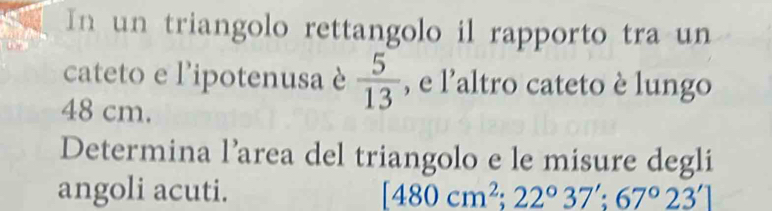 In un triangolo rettangolo il rapporto tra un 
cateto e l'ipotenusa è  5/13  , e l’altro cateto è lungo
48 cm. 
Determina l’area del triangolo e le misure degli 
angoli acuti. [480cm^2;22°37'; 67°23']