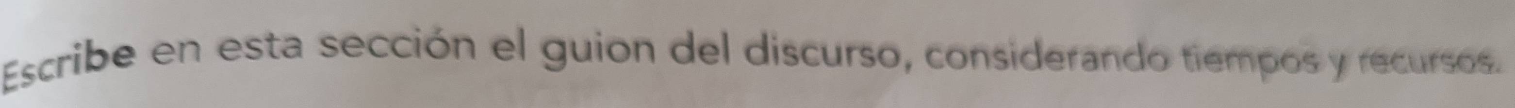 Escribe en esta sección el guion del discurso, considerando tiempos y recursos.