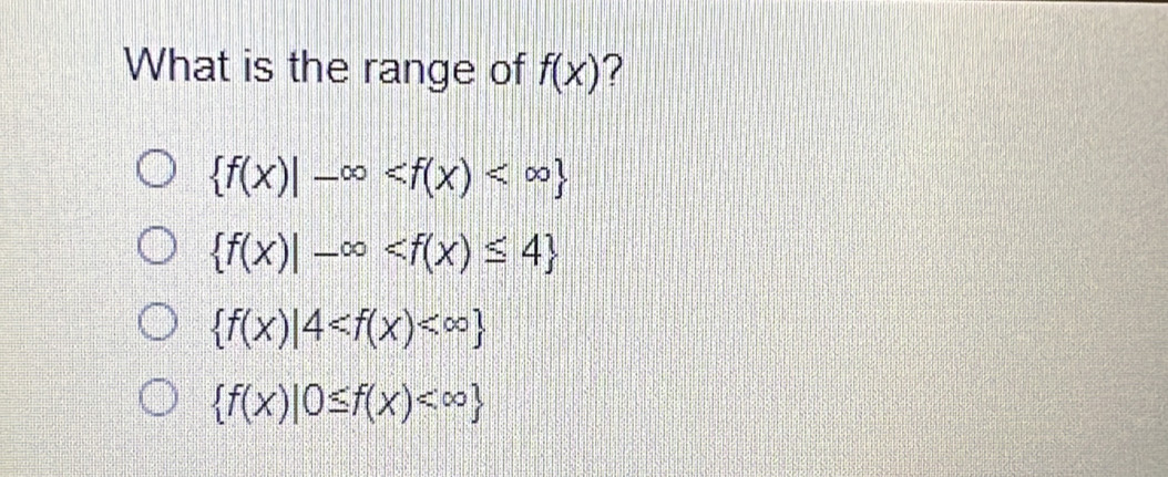 What is the range of f(x) ?
 f(x)|-∈fty
 f(x)|-∈fty
 f(x)|4
 f(x)|0≤ f(x)