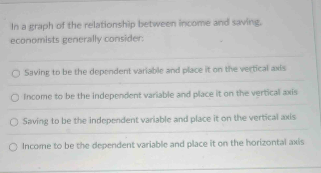 In a graph of the relationship between income and saving.
economists generally consider:
Saving to be the dependent variable and place it on the vertical axis
Income to be the independent variable and place it on the vertical axis
Saving to be the independent variable and place it on the vertical axis
Income to be the dependent variable and place it on the horizontal axis