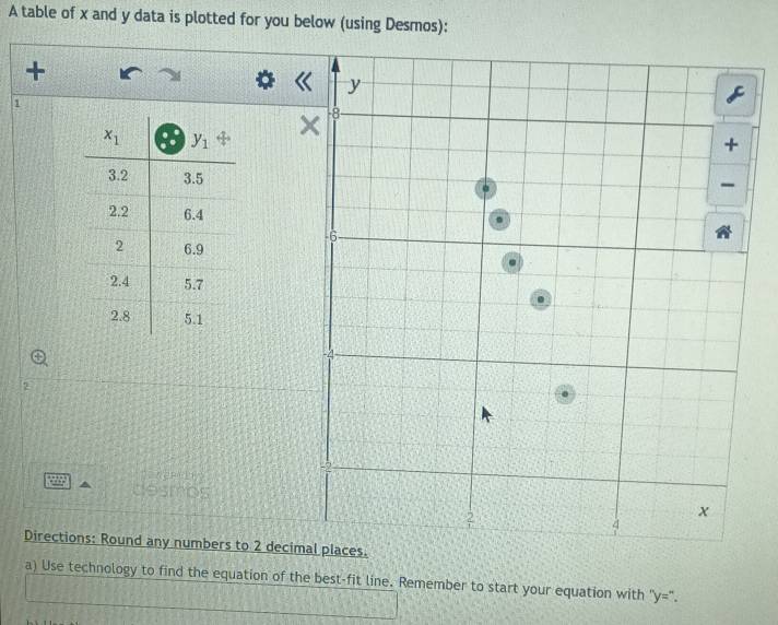 A table of x and y data is plotted for you below (using Desmos):
+
1
2
desmos
Directions: Round any numbers to 2 decim
a) Use technology to find the equation of the best-fit line. Remember to start your equation with ''y='