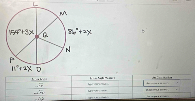 Arc or Angle gle Measure Arc Classification
mwidehat LP type your answer.. choose your answer...
mwidehat LNO type your answer... choose your answer...
mwidehat MN type your answer.. choose your answer...