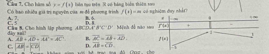 Cho hàm số y=f(x) liên tục trên R có bảng biến thiên sau
Có bao nhiêu giá trị nguyên của m để phương trình f(x)=m có nghiệm duy nhất?
A. 7. B. 6.
C. 5 D. 8.
Câu 8. Cho hình lập phương ABCD. A'B'C'D' Mệnh đề nào s
dāy sai?
A. overline AB+overline AD+overline AA'=overline AC. B. overline AC=overline AB+overline AD.
C. |overline AB|!= |overline CD|
D. overline AB=overline CD.
không gian với hệ trục toa đô Oxvz, cho