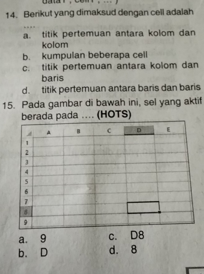 Berikut yang dimaksud dengan cell adalah
a. titik pertemuan antara kolom dan
kolom
b. kumpulan beberapa cell
c. titik pertemuan antara kolom dan
baris
d. titik pertemuan antara baris dan baris
15. Pada gambar di bawah ini, sel yang aktif
berada pada .... (HOTS)
a. 9 c. D8
b. D d. 8