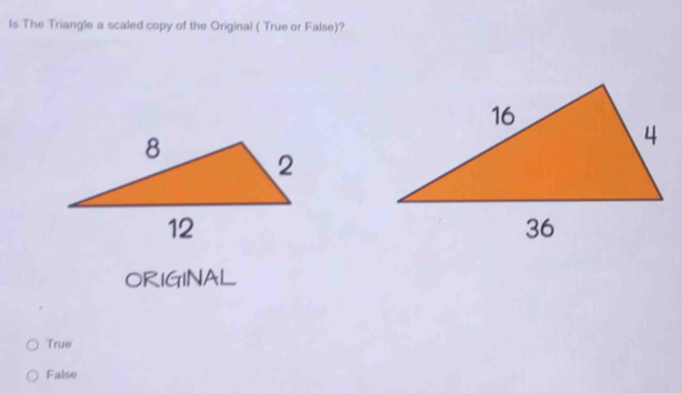 Is The Triangle a scaled copy of the Original ( True or False)?
ORIGINAL
True
False