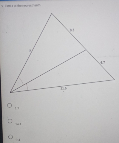 Find x to the nearest tenth.
1.7
14.4
9.4