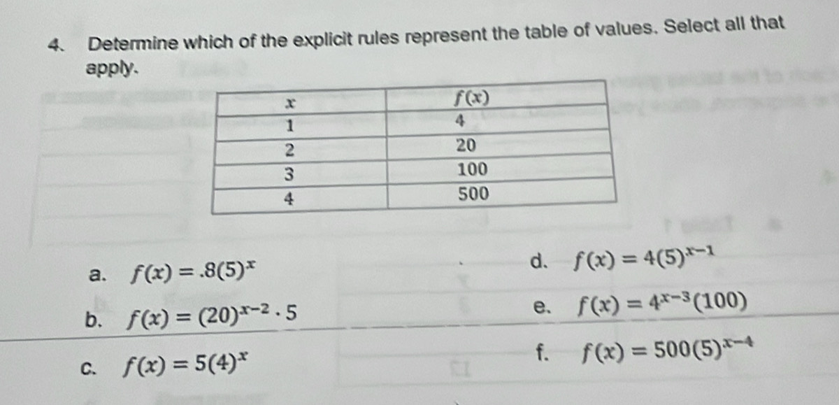 Determine which of the explicit rules represent the table of values. Select all that
apply.
a. f(x)=.8(5)^x d. f(x)=4(5)^x-1
b. f(x)=(20)^x-2· 5
e. f(x)=4^(x-3)(100)
f.
C. f(x)=5(4)^x f(x)=500(5)^x-4