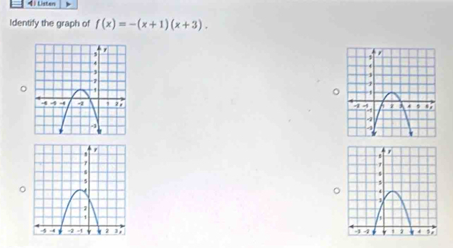 ) Listen 
Identify the graph of f(x)=-(x+1)(x+3).