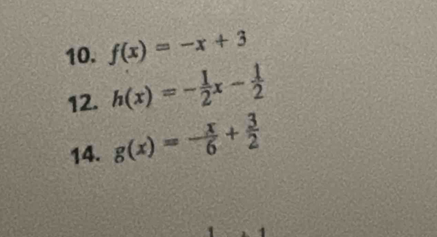 f(x)=-x+3
12. h(x)=- 1/2 x- 1/2 
14. g(x)=- x/6 + 3/2 