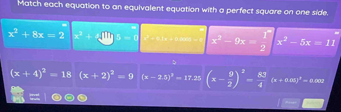 Match each equation to an equivalent equation with a perfect square on one side.
x^2+8x=2 x^2+4=0 x^2+0.1x+0.0005=0 x^2-9x= 1/2 □ x^2-5x=11
(x+4)^2=18 (x+2)^2=9 (x-2.5)^2=17.25 (x- 9/2 )^2= 83/4  (x+0.05)^2=0.002
Roset